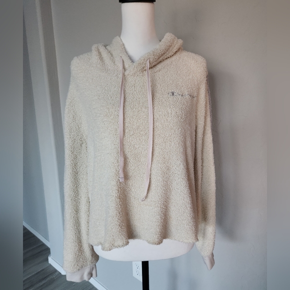 Champion Cream Teddy Fleece Semi Cropped Hoodie Sweater Long Sleeve Stripe Sz XL - Picture 7 of 12